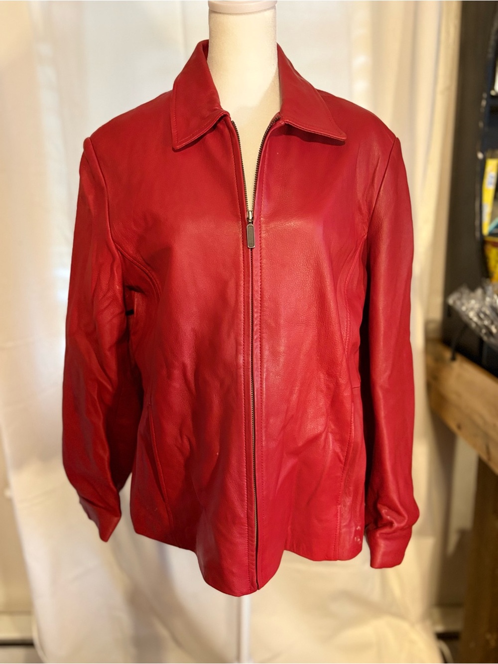 Red Leather Zip-Front Jacket - Women's